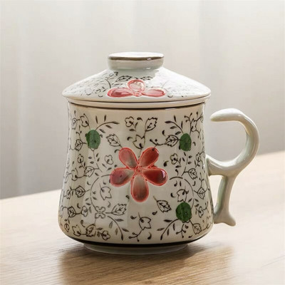 Kék-fehér porcelán teáscsésze kerámia kézzel festett retro vízelválasztó bögre fedőszűrővel Irodai teáscsészék Italkészlet