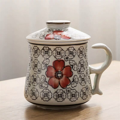 Kék-fehér porcelán teáscsésze kerámia kézzel festett retro vízelválasztó bögre fedőszűrővel Irodai teáscsészék Italkészlet