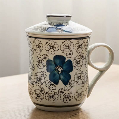 Kék-fehér porcelán teáscsésze kerámia kézzel festett retro vízelválasztó bögre fedőszűrővel Irodai teáscsészék Italkészlet