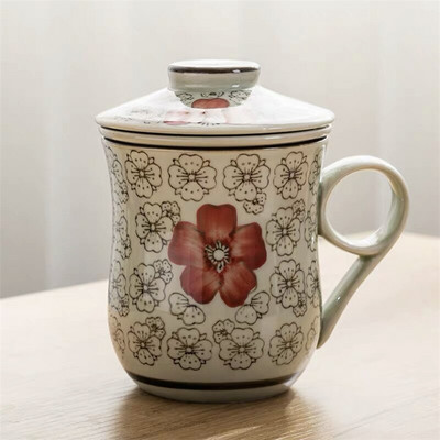 Kék-fehér porcelán teáscsésze kerámia kézzel festett retro vízelválasztó bögre fedőszűrővel Irodai teáscsészék Italkészlet