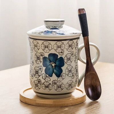 Kék-fehér porcelán teáscsésze kerámia kézzel festett retro vízelválasztó bögre fedőszűrővel Irodai teáscsészék Italkészlet