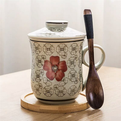 Kék-fehér porcelán teáscsésze kerámia kézzel festett retro vízelválasztó bögre fedőszűrővel Irodai teáscsészék Italkészlet