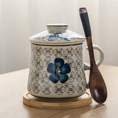 Kék-fehér porcelán teáscsésze kerámia kézzel festett retro vízelválasztó bögre fedőszűrővel Irodai teáscsészék Italkészlet