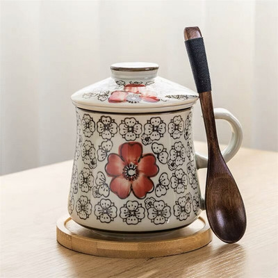 Kék-fehér porcelán teáscsésze kerámia kézzel festett retro vízelválasztó bögre fedőszűrővel Irodai teáscsészék Italkészlet