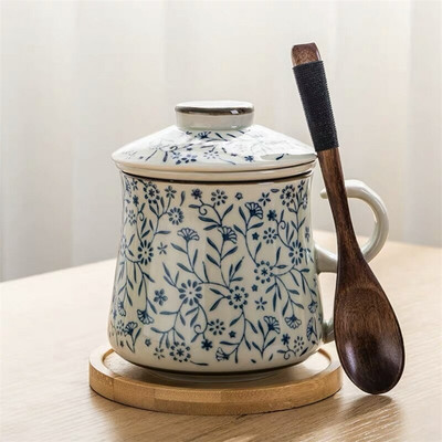 Kék-fehér porcelán teáscsésze kerámia kézzel festett retro vízelválasztó bögre fedőszűrővel Irodai teáscsészék Italkészlet