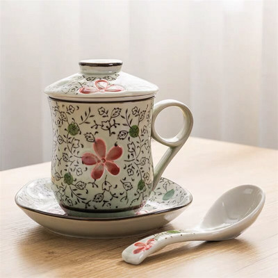 Kék-fehér porcelán teáscsésze kerámia kézzel festett retro vízelválasztó bögre fedőszűrővel Irodai teáscsészék Italkészlet