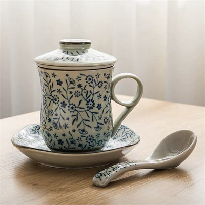 Kék-fehér porcelán teáscsésze kerámia kézzel festett retro vízelválasztó bögre fedőszűrővel Irodai teáscsészék Italkészlet