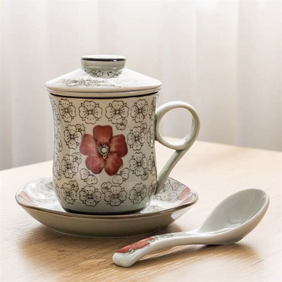 Kék-fehér porcelán teáscsésze kerámia kézzel festett retro vízelválasztó bögre fedőszűrővel Irodai teáscsészék Italkészlet