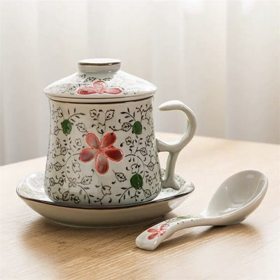 Kék-fehér porcelán teáscsésze kerámia kézzel festett retro vízelválasztó bögre fedőszűrővel Irodai teáscsészék Italkészlet