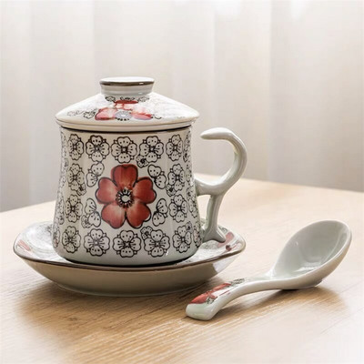 Kék-fehér porcelán teáscsésze kerámia kézzel festett retro vízelválasztó bögre fedőszűrővel Irodai teáscsészék Italkészlet