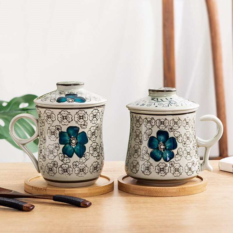 Kék-fehér porcelán teáscsésze kerámia kézzel festett retro vízelválasztó bögre fedőszűrővel Irodai teáscsészék Italkészlet