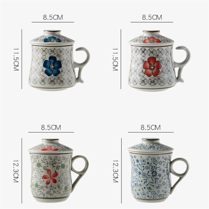 Kék-fehér porcelán teáscsésze kerámia kézzel festett retro vízelválasztó bögre fedőszűrővel Irodai teáscsészék Italkészlet