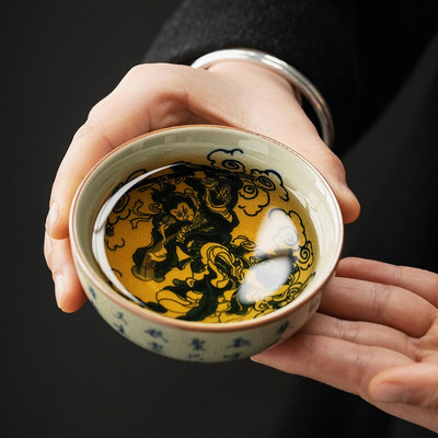 Rankomis dažytas Wukong Pu er dubenėlio puodelis Kinų senovinė keramika Gražūs puodeliai arbatos puodelių rinkinys Arbatos indai Valties puodeliai arbatos ceremonijai