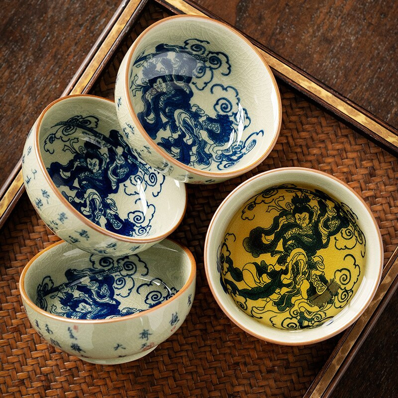 Rankomis dažytas Wukong Pu er dubenėlio puodelis Kinų senovinė keramika Gražūs puodeliai arbatos puodelių rinkinys Arbatos indai Valties puodeliai arbatos ceremonijai