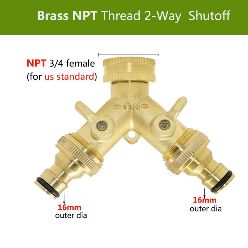 3/4'', 16 mm-es nagy teherbírású sárgaréz Y elosztó BSP/NPT kettős kimeneti csap csatlakozó 2 utas adapter 2 szelepes kerti öntözőcsuklók