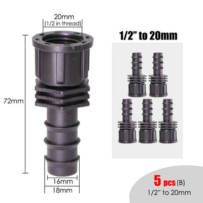 5 DB 1/2'' 3/4'' anyamenet 16 mm-es 20 mm-es kerti vízcsatlakozó csővezetékhez Csepegtető öntözés csatlakozó adapter