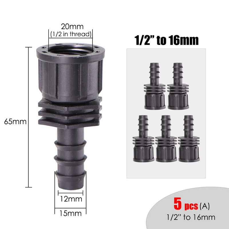 5 DB 1/2'' 3/4'' anyamenet 16 mm-es 20 mm-es kerti vízcsatlakozó csővezetékhez Csepegtető öntözés csatlakozó adapter