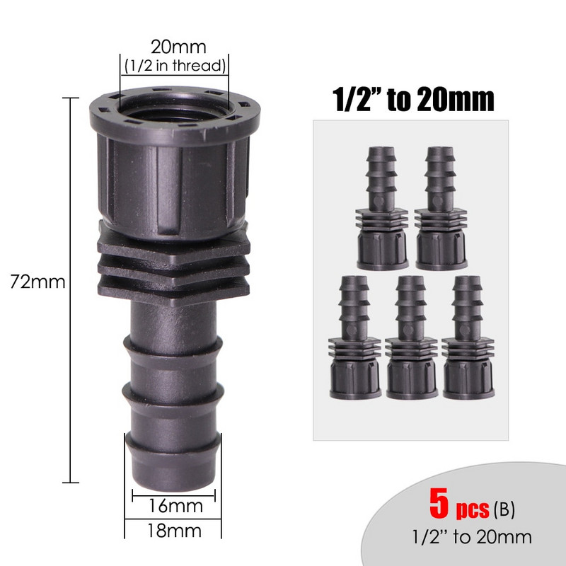 5 DB 1/2'' 3/4'' anyamenet 16 mm-es 20 mm-es kerti vízcsatlakozó csővezetékhez Csepegtető öntözés csatlakozó adapter
