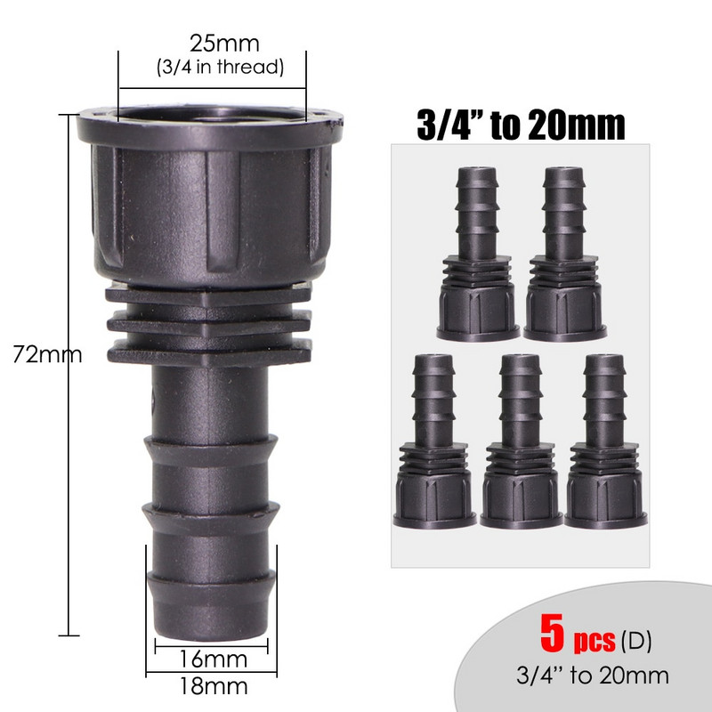 5 DB 1/2'' 3/4'' anyamenet 16 mm-es 20 mm-es kerti vízcsatlakozó csővezetékhez Csepegtető öntözés csatlakozó adapter