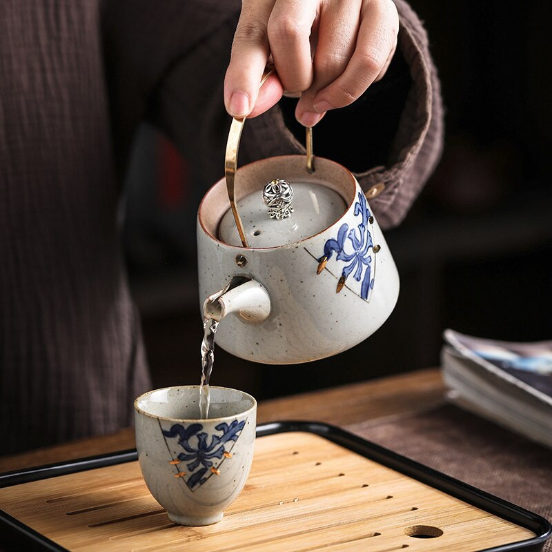 Ceainic din ceramică în stil japonez, albastru și alb, cu glazură antică, ceainic elegant și frumos, ceainic Kung Fu, ceainic chinezesc de cafea