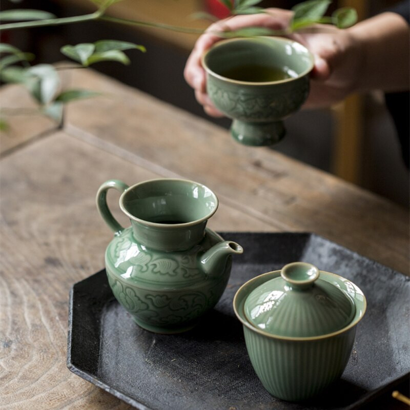 Ceașcă de târg de Celadon de epocă, flori din ceramică, ceai Kung Fu, verde de mare, ceașcă de ceai Cha Hai, ustensil pentru ceremonie de ceai