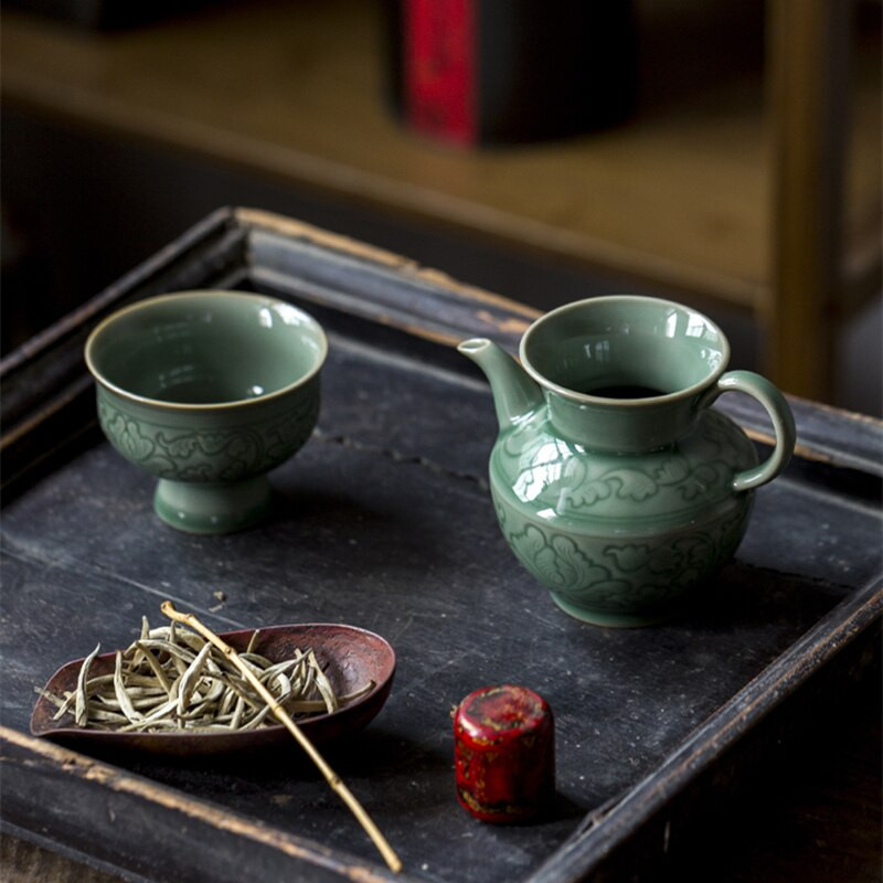 Ceașcă de târg de Celadon de epocă, flori din ceramică, ceai Kung Fu, verde de mare, ceașcă de ceai Cha Hai, ustensil pentru ceremonie de ceai