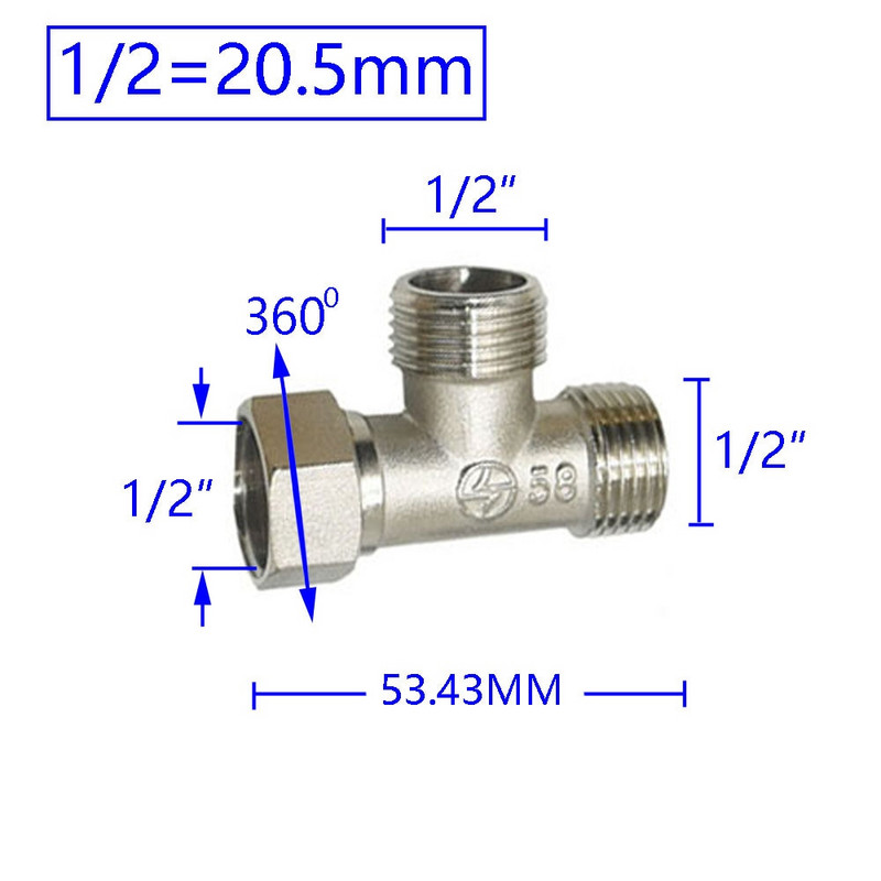 Messingist 1/2-tolline sisekeermega T-tüüpi toruliitmik, 3-suunaline veejagaja toruliitmiku adapter, 1 tk