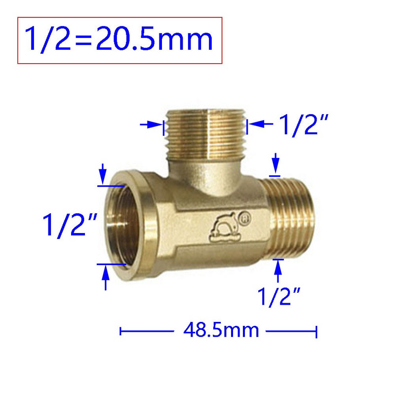 Messingist 1/2-tolline sisekeermega T-tüüpi toruliitmik, 3-suunaline veejagaja toruliitmiku adapter, 1 tk