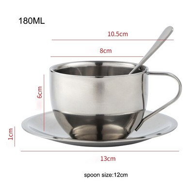 180/200/280 ml-es kávésbögre, kétrétegű, hőálló kávéscsésze készlet, rozsdamentes acél teáscsésze tányérral és kanállal