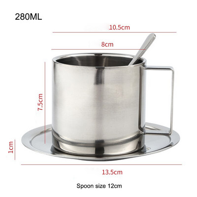 180/200/280 ml-es kávésbögre, kétrétegű, hőálló kávéscsésze készlet, rozsdamentes acél teáscsésze tányérral és kanállal