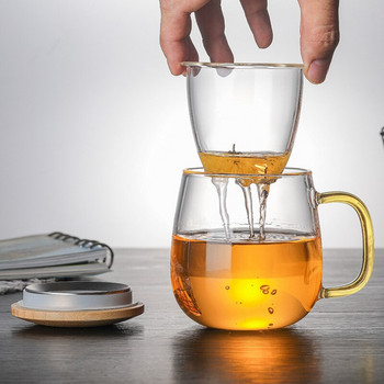 Творческа стъклена чаша за чай с прозрачна филтърна дръжка, бамбуков капак, топлоустойчива чаша за чай с цветя, офис чаша за чай, съдове за напитки