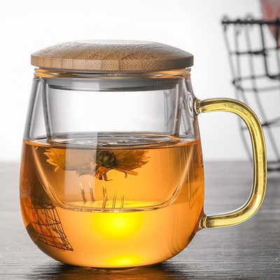 Creative Glass Tea Infuser Cup με διαφανή λαβή φίλτρου καπάκι μπαμπού Ανθεκτικό στη θερμότητα λουλούδι Φλιτζάνι τσαγιού Γραφείο Κούπα τσαγιού Ποτό