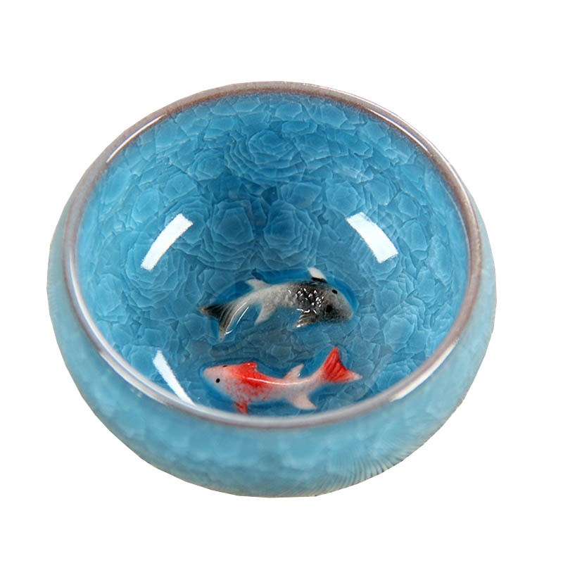 Újdonság 3D kerámia dupla Fish China tea nagy csésze, Crackle Glaze utazási teástál Kung Fu teáscsésze készlet Kínai porcelán teáscsésze készletek