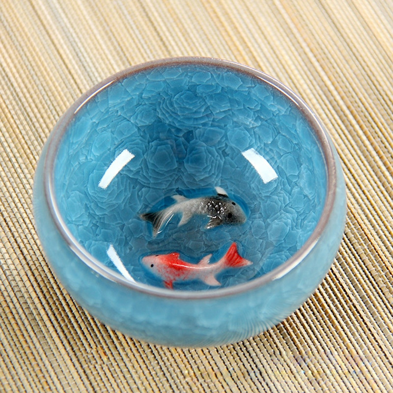 Újdonság 3D kerámia dupla Fish China tea nagy csésze, Crackle Glaze utazási teástál Kung Fu teáscsésze készlet Kínai porcelán teáscsésze készletek
