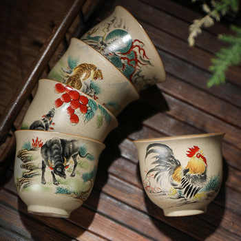 12 стилни керамични чаши с китайски зодиак Комплект чаши за чай Чаша за чай Животни Купа за чаена церемония Тигър Чаша за чай