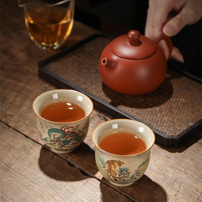 12 cești de ceramică zodiac chinezesc în stil set de ceai de ceai cu animale bol pentru ceremonia ceaiului ceașcă de ceai tigru