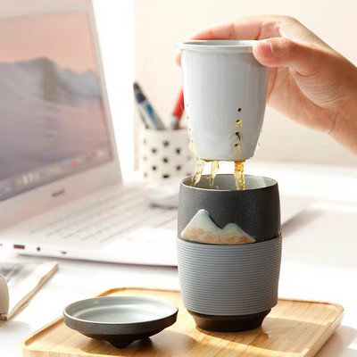 Ceașcă de ceai creativă japoneză cu apă, pentru birou, acasă, pentru călătorii, ceașcă de ceai portabilă din ceramică cu capac de filtru.