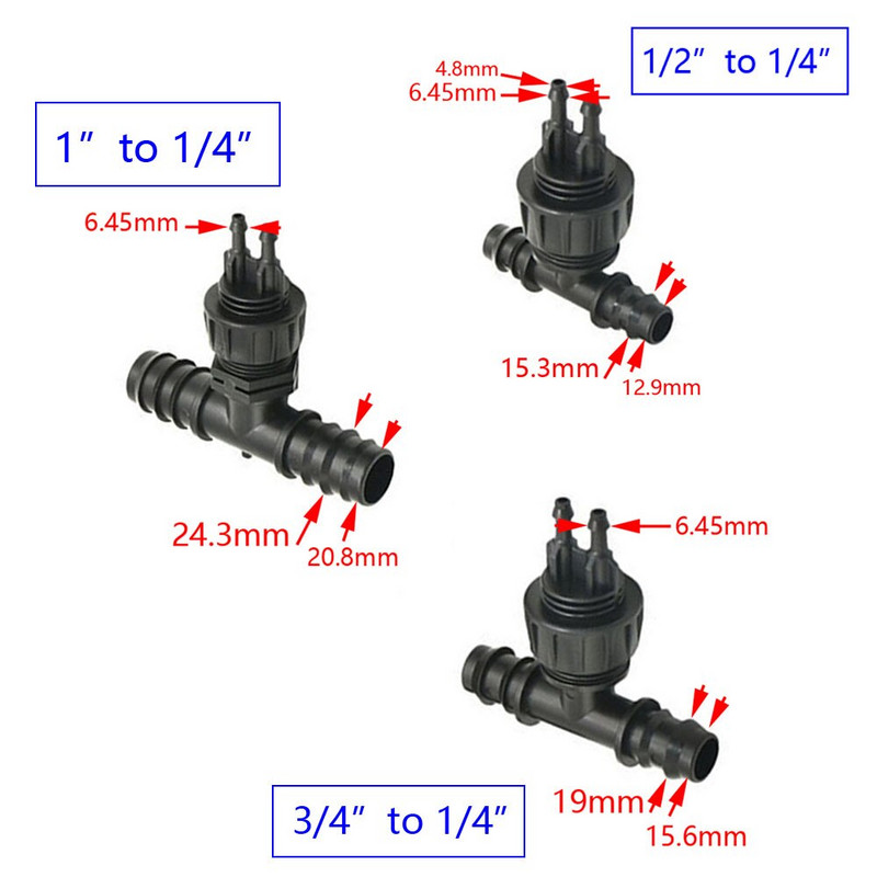 Kerti tömlő 1/2" 3/4" 1" - 1/4" 2 utas póló csatlakozó szűkítő vízelosztó 16mm 20mm 25mm - 4/7 tömlő vízcsatlakozó 1db