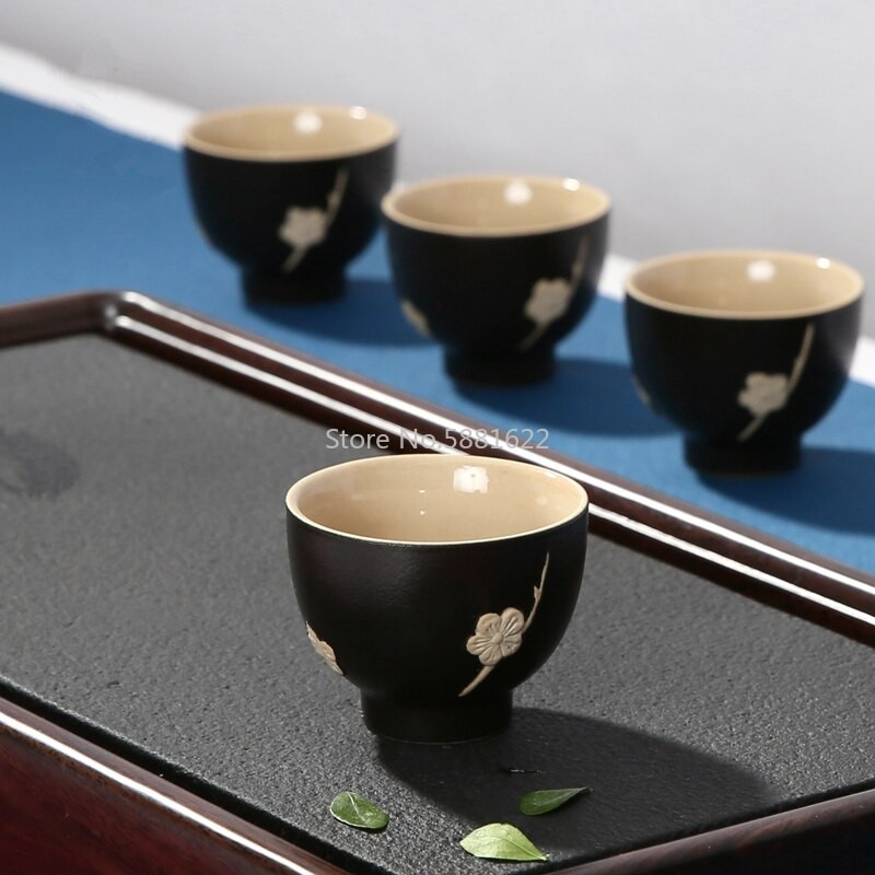 Nyers kerámia teáscsészék Kézzel készített 3D szilva mintás teáscsészék japán stílusú kung fu teáskészlet Vintage kínai edények