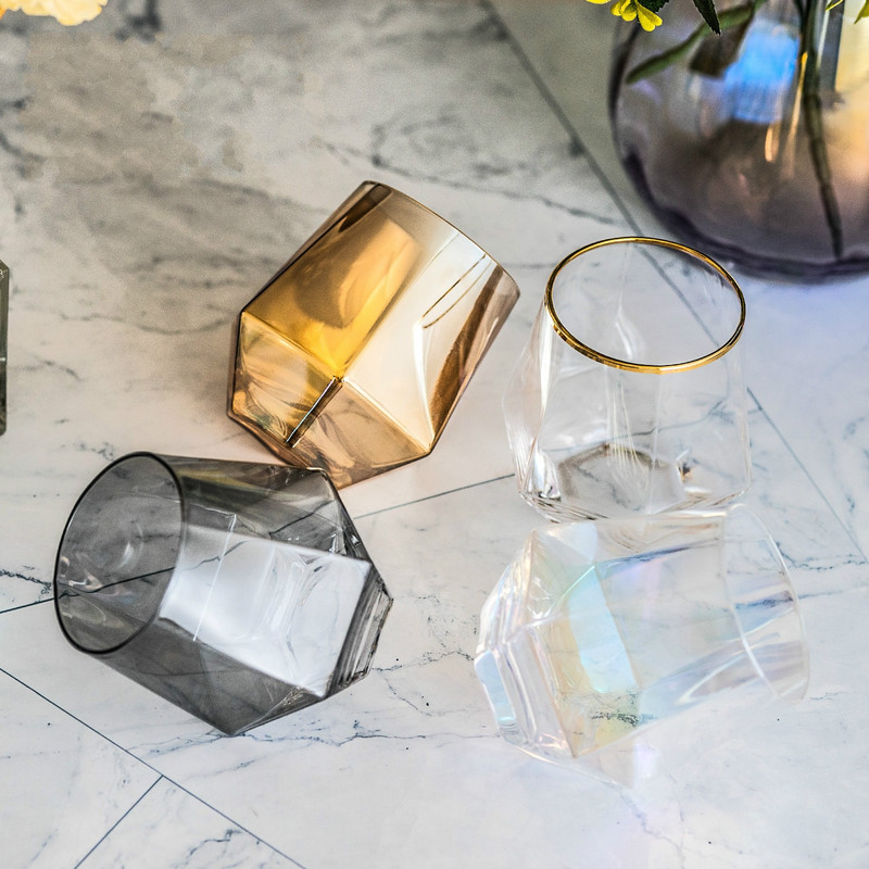 Modern fagyos színű hatoldalú gyémánt Phnom Penh kvarc üveg tejcsésze gyümölcslé könnyű luxus Phnom Penh reggeli csésze