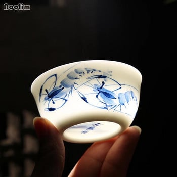 NOOLIM 80ml Jingdezhen Керамична чаша за чай Ръчно рисувана малка купа за чай с лотос Синя и бяла порцеланова майсторска чаша Kung Fu Drinkware