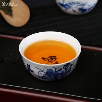 NOOLIM 80ml Jingdezhen Керамична чаша за чай Ръчно рисувана малка купа за чай с лотос Синя и бяла порцеланова майсторска чаша Kung Fu Drinkware