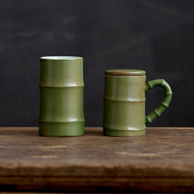 Ceașcă de ceai cu design din bambus din ceramică, realizată manual Jingdezhen, ceașcă de ceai cu mâner și capac, cu filtru de birou retro, cu apă simplă, creativă