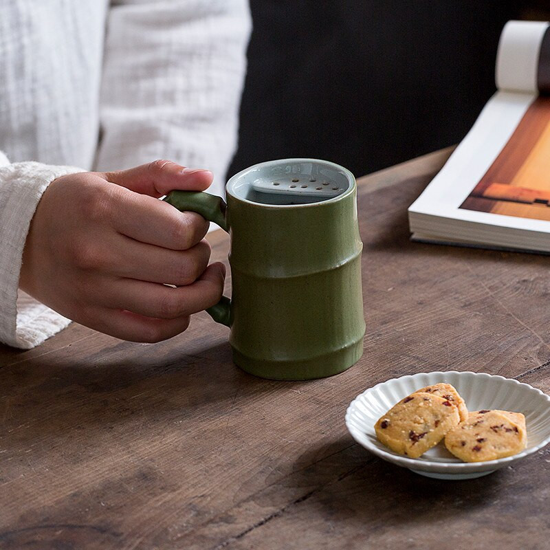 Ceașcă de ceai cu design din bambus din ceramică, realizată manual Jingdezhen, ceașcă de ceai cu mâner și capac, cu filtru de birou retro, cu apă simplă, creativă