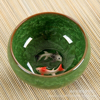 Νέο σχέδιο 3D Κεραμικό διπλό Fish China Tea Cup, Σετ Κουνγκ Φου Κυπέλλου Τσαγιού Crackle Glaze Ταξιδιωτικό μπολ τσαγιού από κινέζικη πορσελάνη Σετ φλιτζάνια τσαγιού