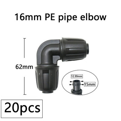 20db 16 mm-es víz PE csőcsatlakozó póló könyökvég dugós szerelvények 1/2''–4/7 mm szűkítő tömlőosztó kerti csepegtető öntözés csatlakozó
