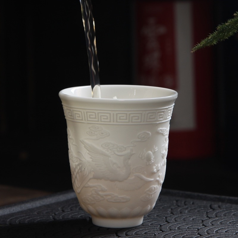 Kerámia Dragon Phoenix teáscsésze Zen Jade porcelán vizes bögre Kreatív dombornyomott kis teástál Születésnapi ajándékok Mesterkupa Italkészlet