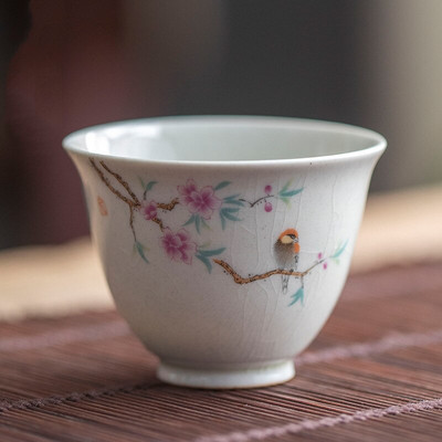 Ceașă de ceai din ceramică retro, ceașcă portabilă de meditație de călătorie, cu model de flori pictate manual, bol de ceai Pu'er Master Cup, accesorii pentru set de ceai