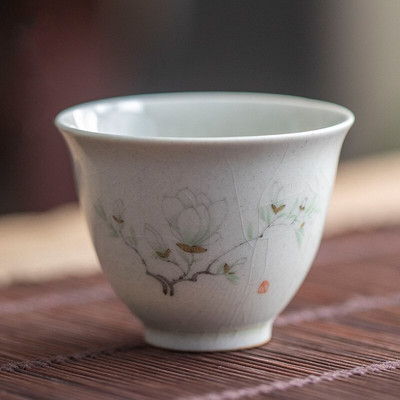 Ceașă de ceai din ceramică retro, ceașcă portabilă de meditație de călătorie, cu model de flori pictate manual, bol de ceai Pu'er Master Cup, accesorii pentru set de ceai