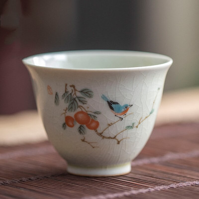 Ceașă de ceai din ceramică retro, ceașcă portabilă de meditație de călătorie, cu model de flori pictate manual, bol de ceai Pu'er Master Cup, accesorii pentru set de ceai